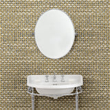 Cloakroom with neutral wallpaper with faux basketweave pattern