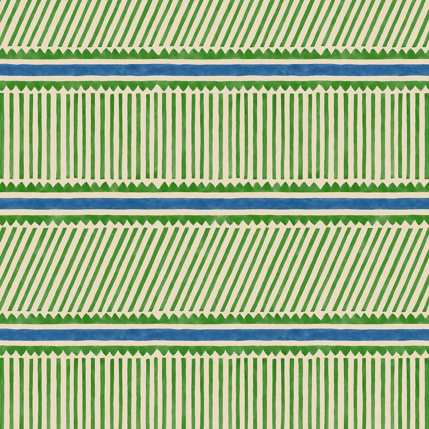 Sample of a playful green and blue wallpaper with a combination of tonal stripes, zigzags, and matching colour bands.