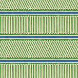 Sample of a playful green and blue wallpaper with a combination of tonal stripes, zigzags, and matching colour bands.