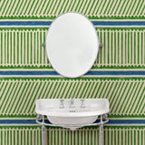 Cloakroom with a playful green and blue wallpaper with a combination of tonal stripes, zigzags, and matching colour bands.