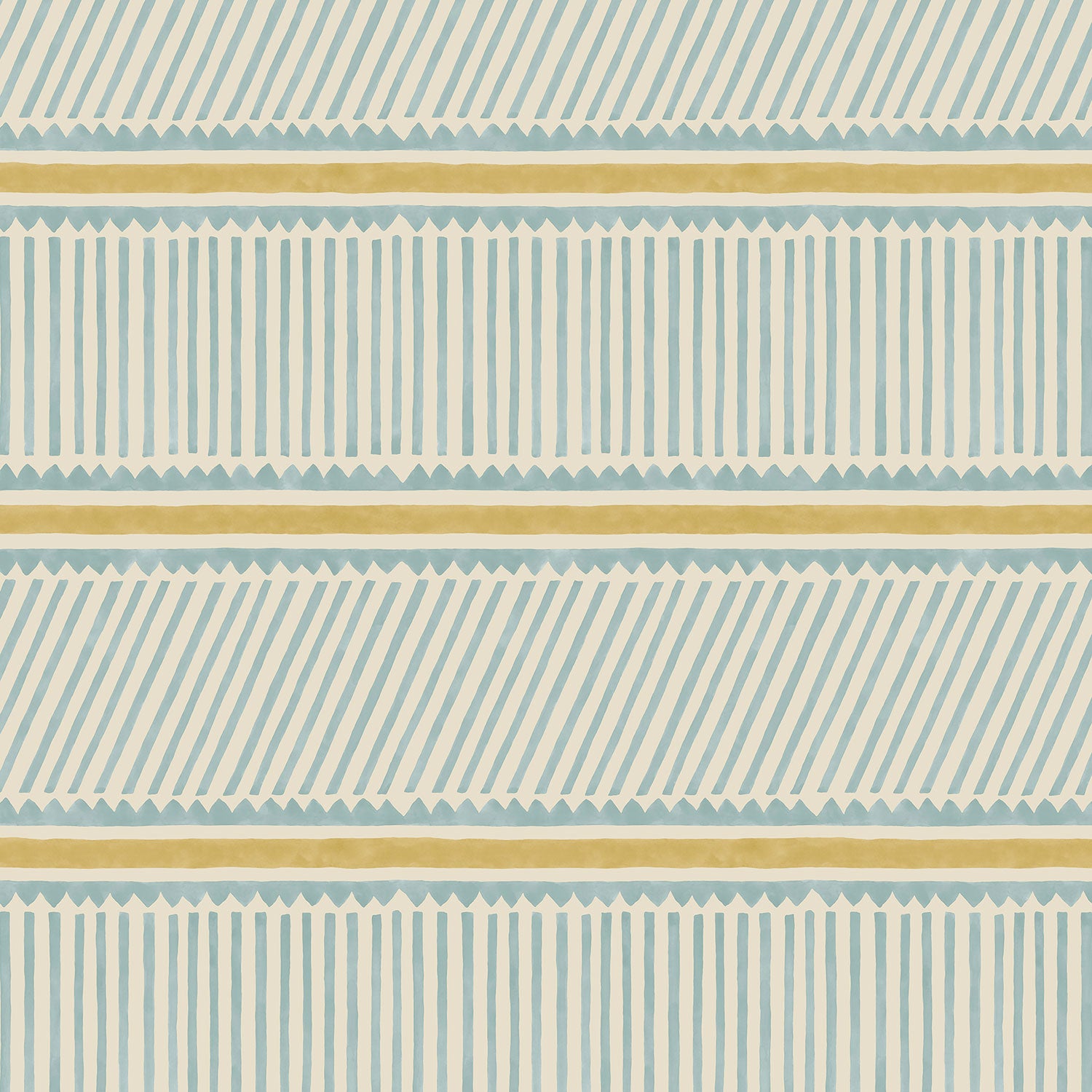 Sample of a blue and yellow wallpaper with a combination of tonal stripes, zigzags, and matching colour bands.