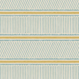 Sample of a blue and yellow wallpaper with a combination of tonal stripes, zigzags, and matching colour bands.