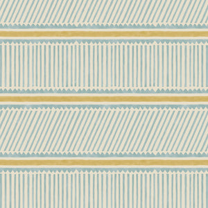 Sample of a blue and yellow wallpaper with a combination of tonal stripes, zigzags, and matching colour bands.