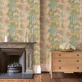 Sitting room featuring a tropical wallpaper with exotic, floral blossoms intertwined with bamboo.