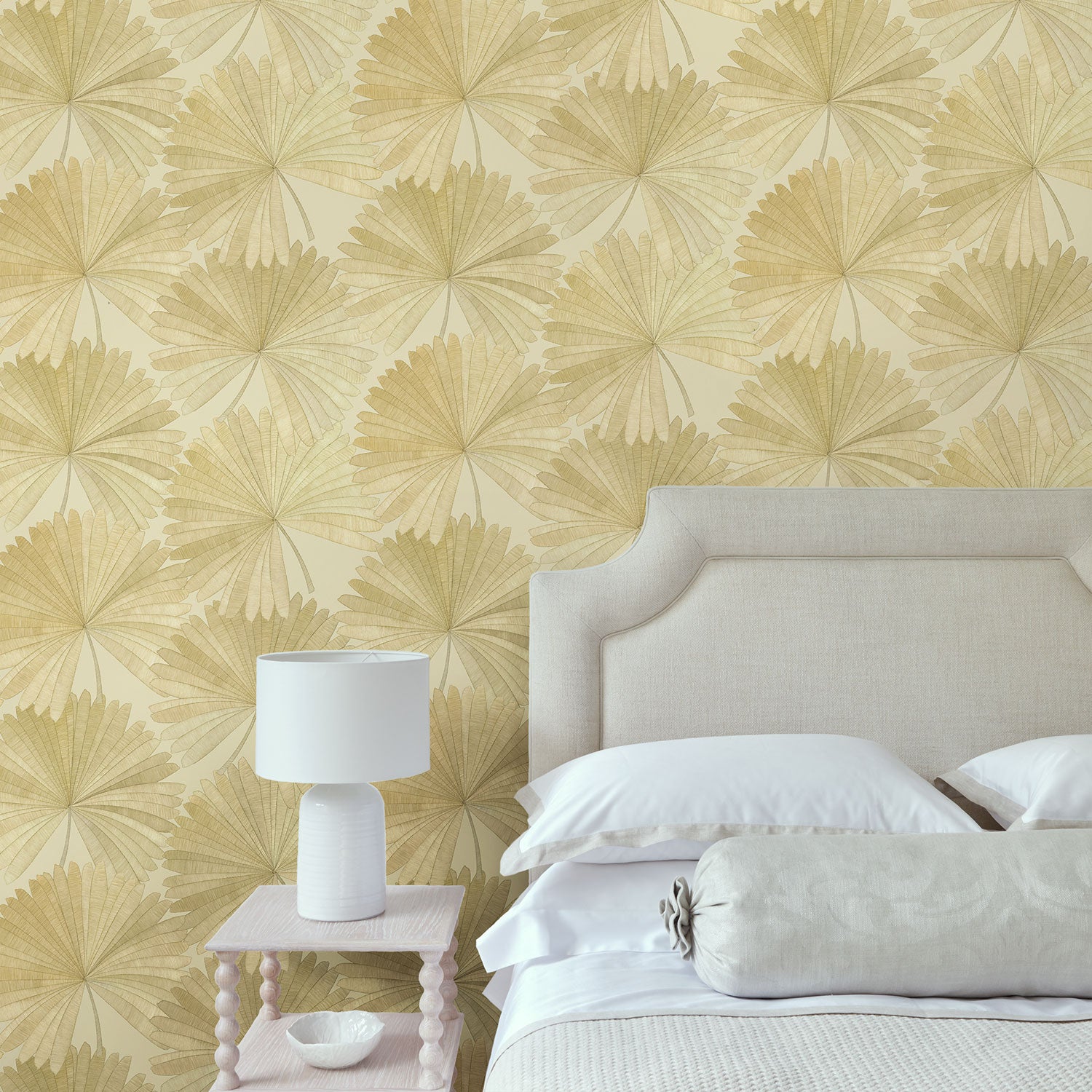 Bedroom featuring a contemporary floral wallpaper with tropical palms in neutral shades.
