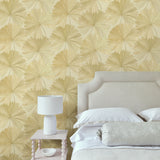 Bedroom featuring a contemporary floral wallpaper with tropical palms in neutral shades.