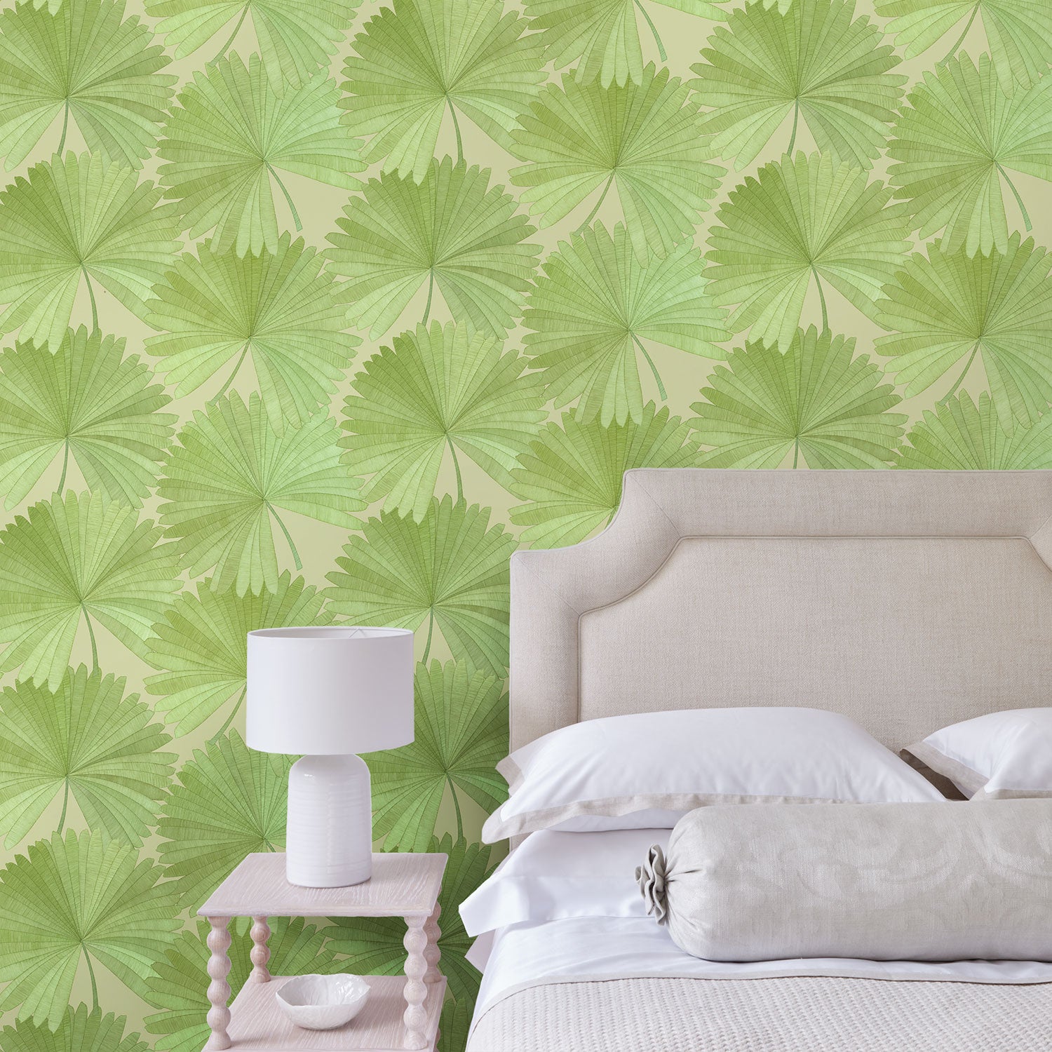 Bathroom showing a contemporary floral wallpaper with tropical palms in fresh greens.