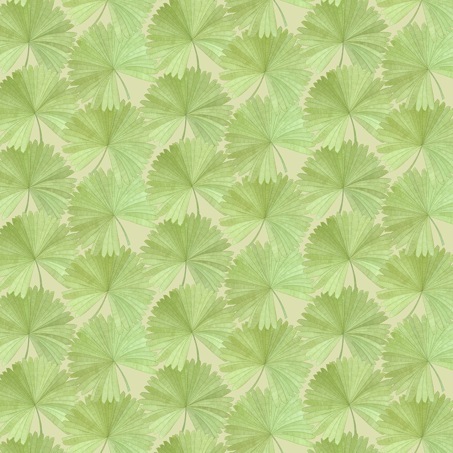 Sample of a contemporary floral wallpaper with tropical palms in fresh greens.