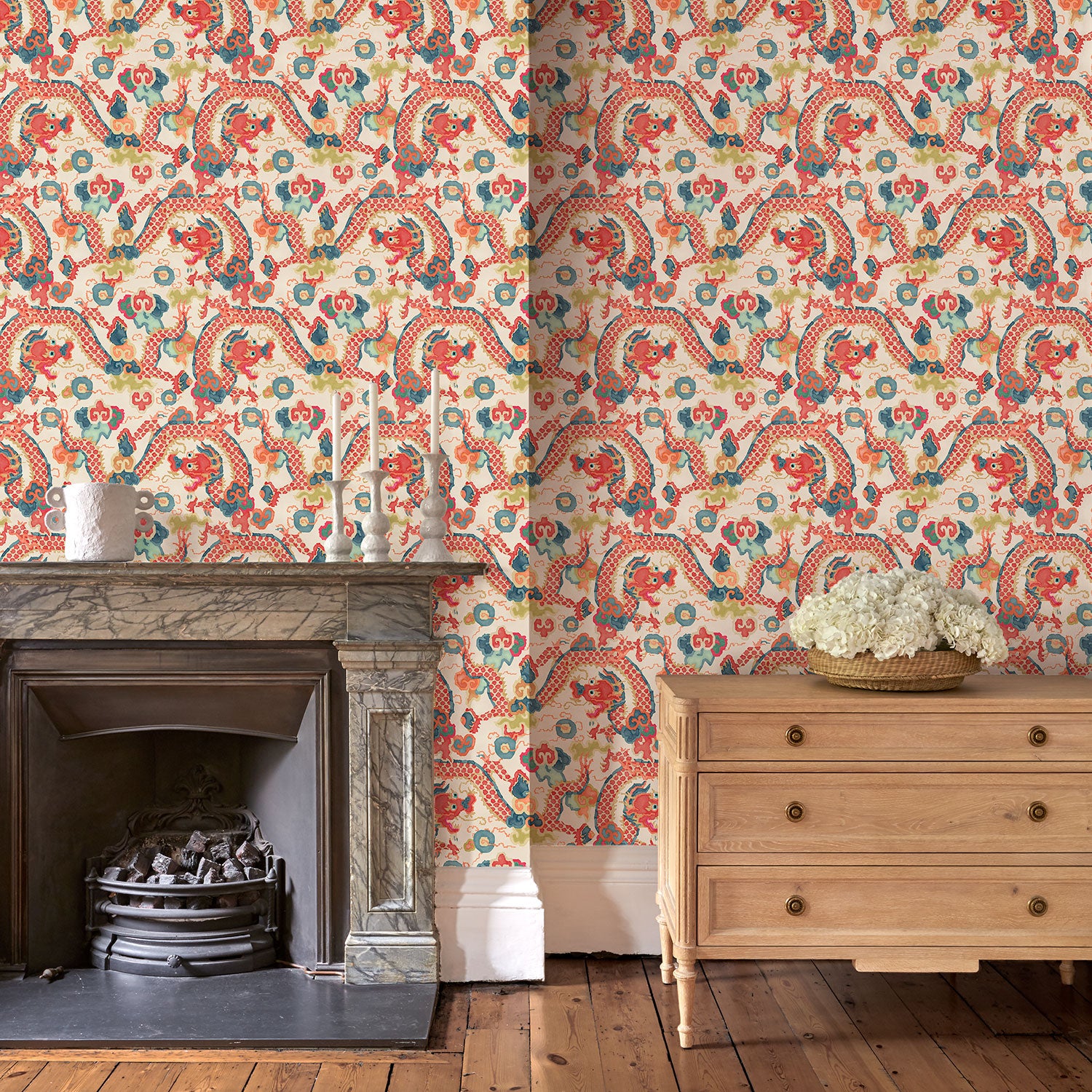 Living room with a statement designer wallpaper with dragon design