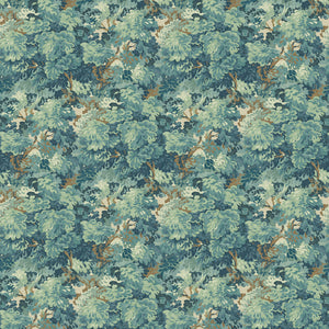 Inspired by an 18th-century garden tapestry, this blue wallpaper features the timeless beauty of English Oak canopies