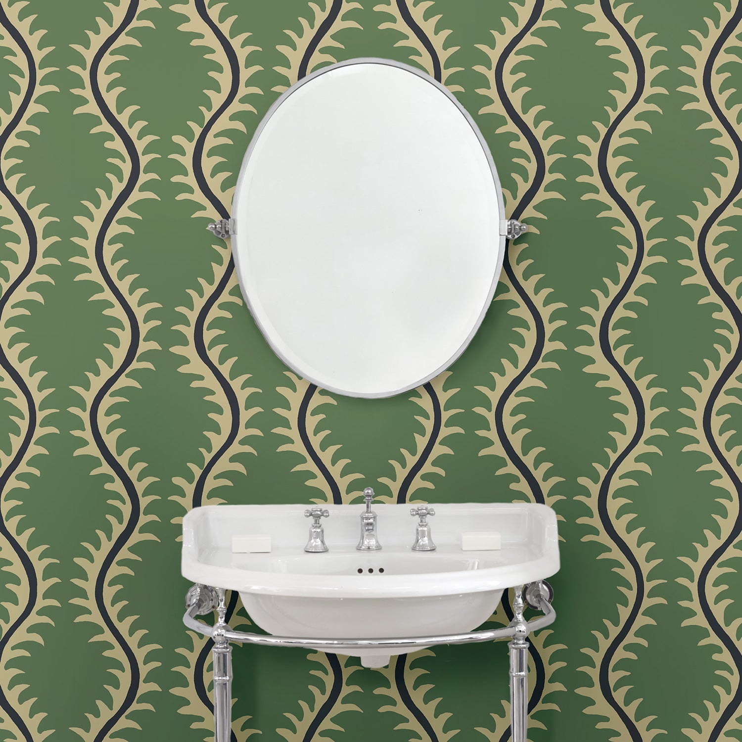 Luxurious wallpaper featuring stylised ferns and wavy lines in green and blue.