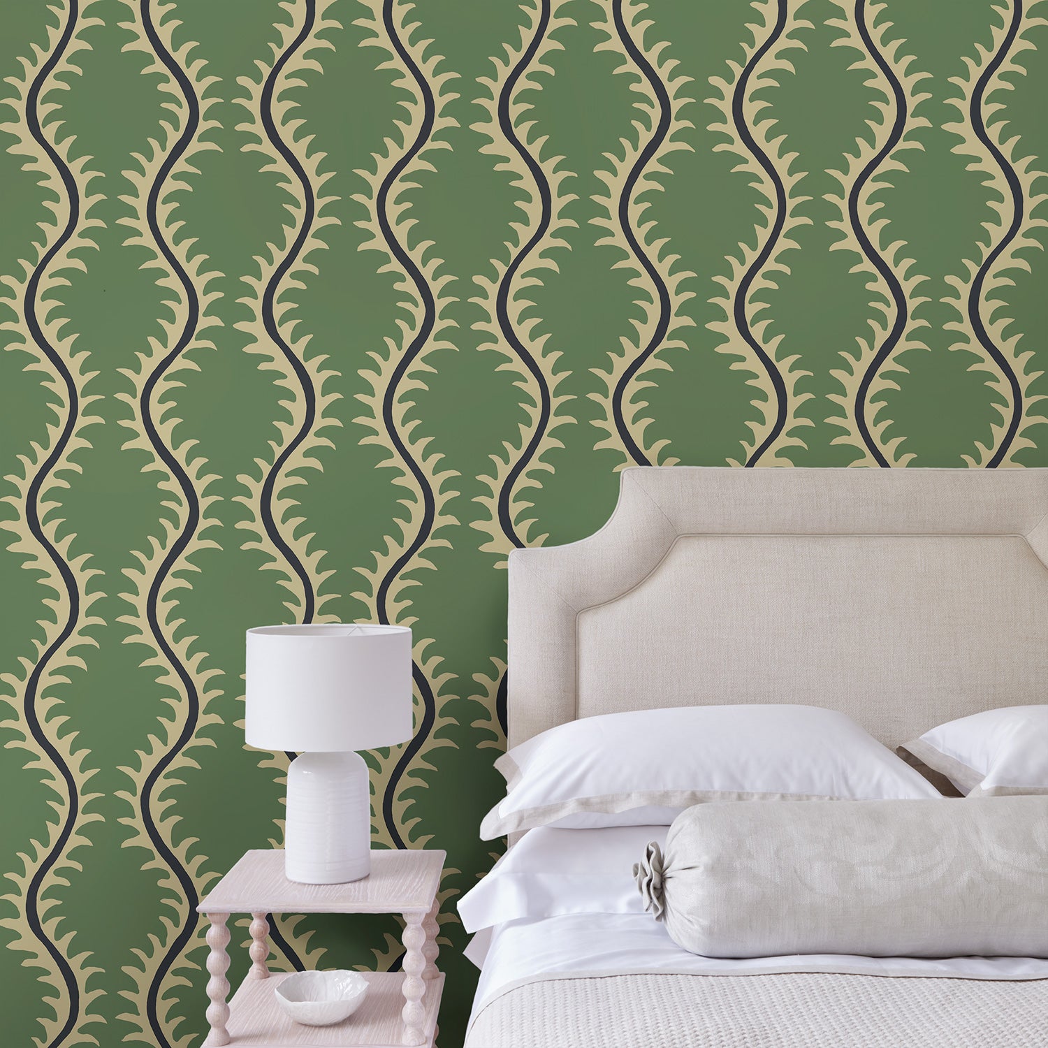 Luxurious wallpaper featuring stylised ferns and wavy lines in green and blue.