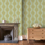 Luxurious wallpaper featuring stylised ferns and wavy lines in yellow and blue.