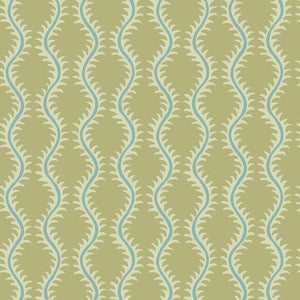 Luxurious wallpaper featuring stylised ferns and wavy lines in yellow and blue.