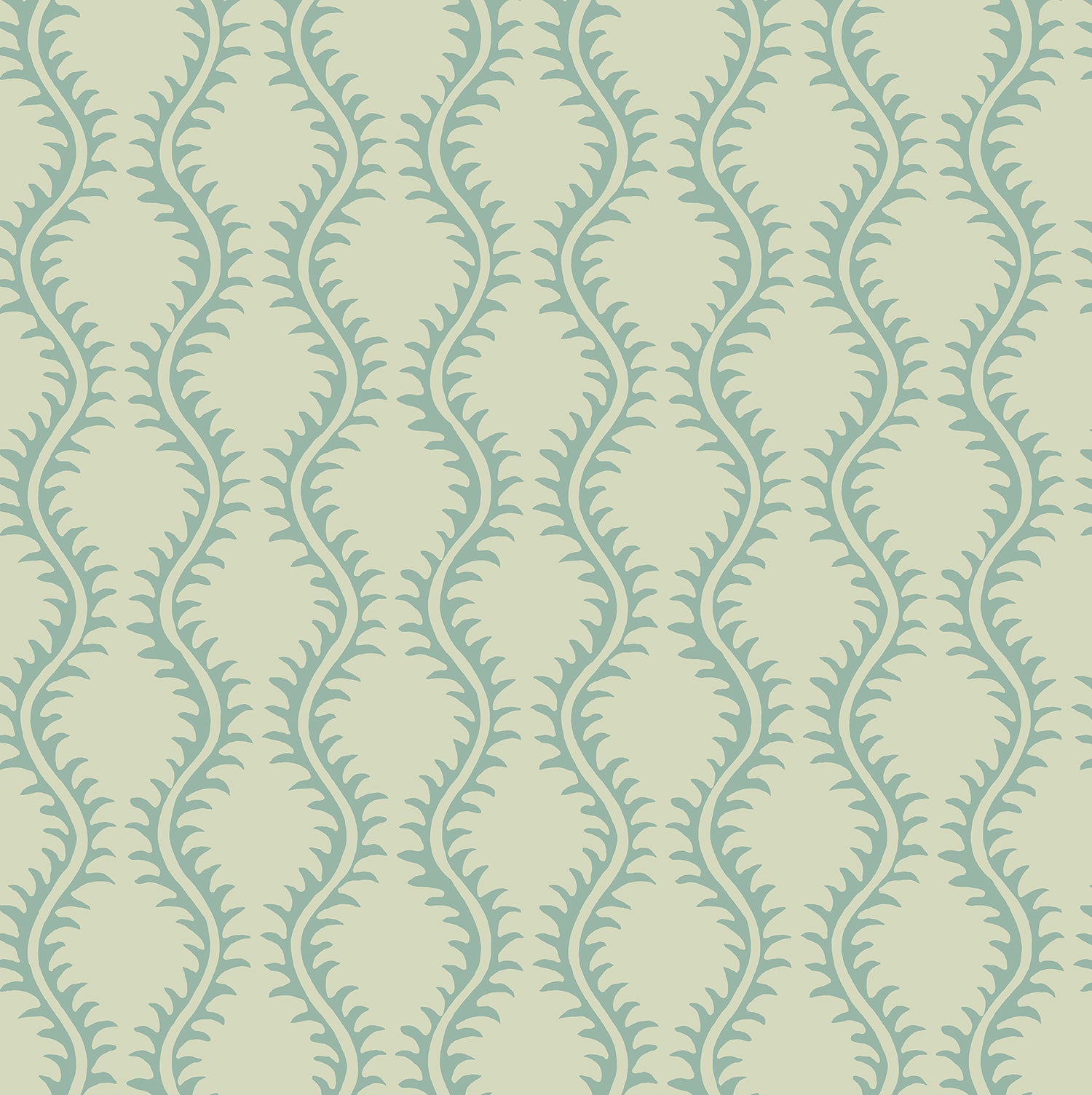 Luxurious wallpaper featuring stylised ferns and wavy lines in blue and cream.