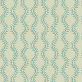 Luxurious wallpaper featuring stylised ferns and wavy lines in blue and cream.
