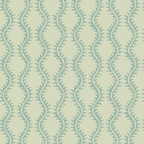 Luxurious wallpaper featuring stylised ferns and wavy lines in blue and cream.