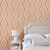 Luxurious wallpaper featuring stylised ferns and wavy lines in pink and red.