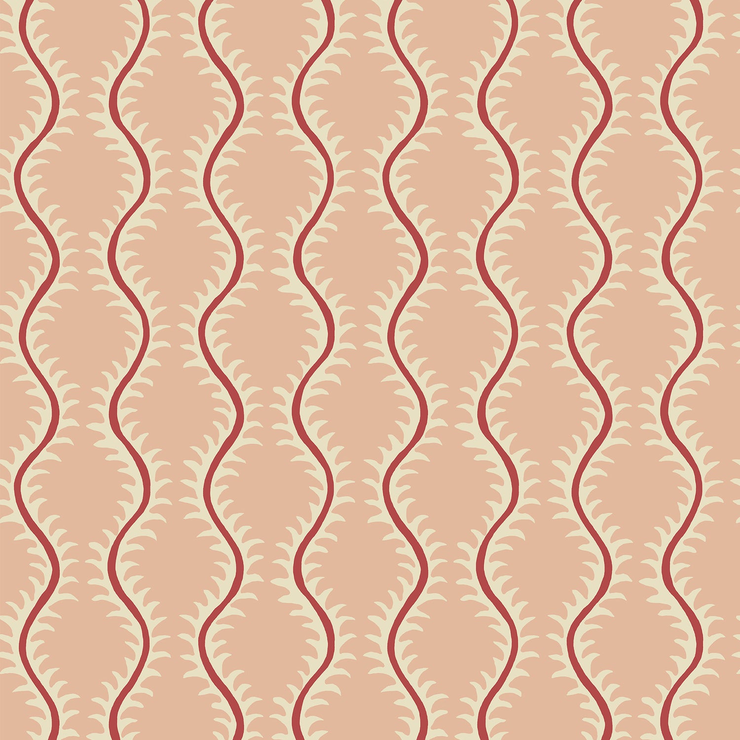 Luxurious wallpaper featuring stylised ferns and wavy lines in pink and red.
