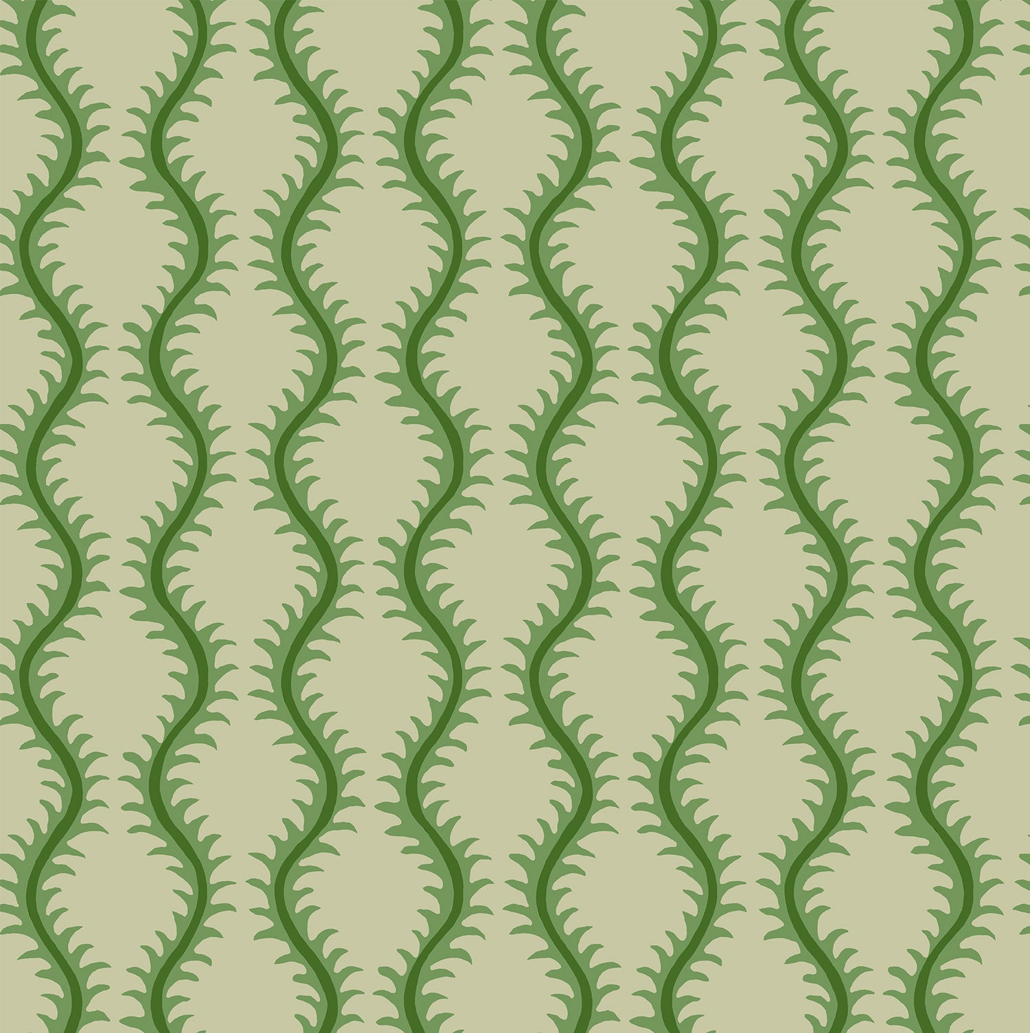 Luxurious wallpaper featuring stylised ferns and wavy lines in green and cream.