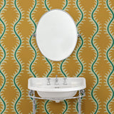 Luxurious wallpaper featuring stylised ferns and wavy lines in yellow and green.