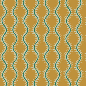 Luxurious wallpaper featuring stylised ferns and wavy lines in yellow and green.