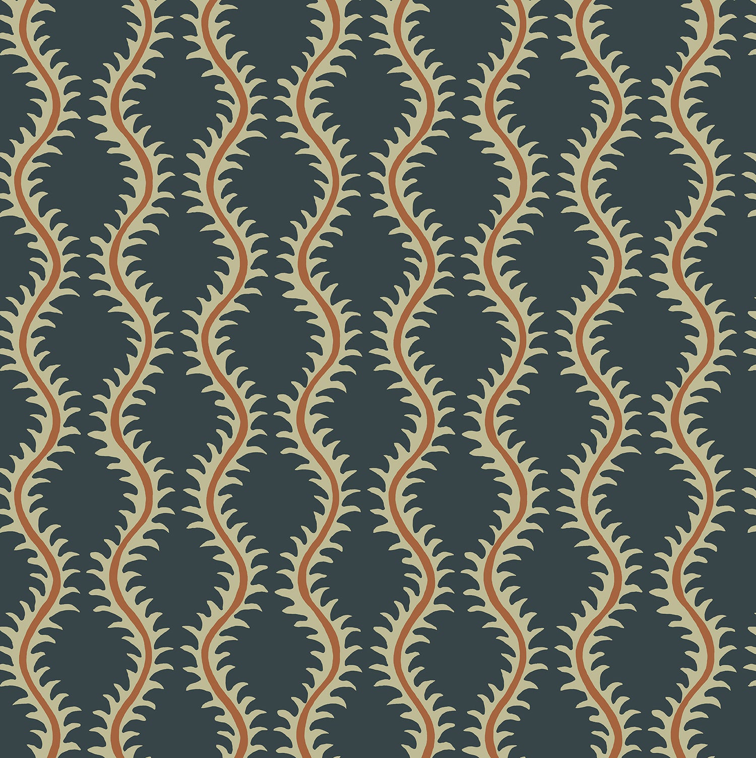 Luxurious wallpaper featuring stylised ferns and wavy lines in blue and orange.