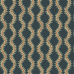 Luxurious wallpaper featuring stylised ferns and wavy lines in blue and orange.