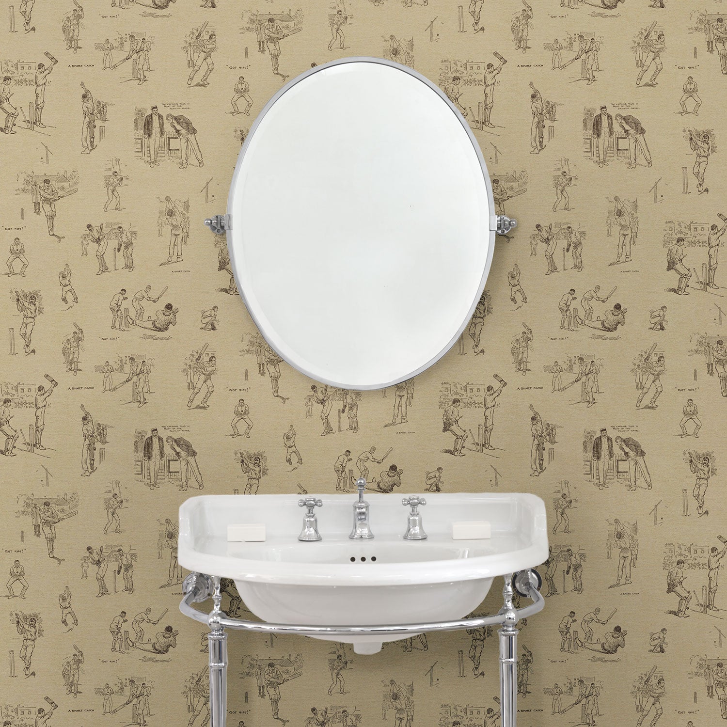 Cloakroom with designer wallpaper featuring classic cricket at play.