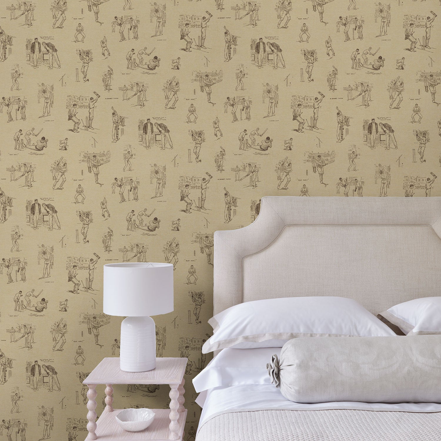 Bedroom with designer wallpaper featuring classic cricket at play.