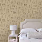 Bedroom with designer wallpaper featuring classic cricket at play.