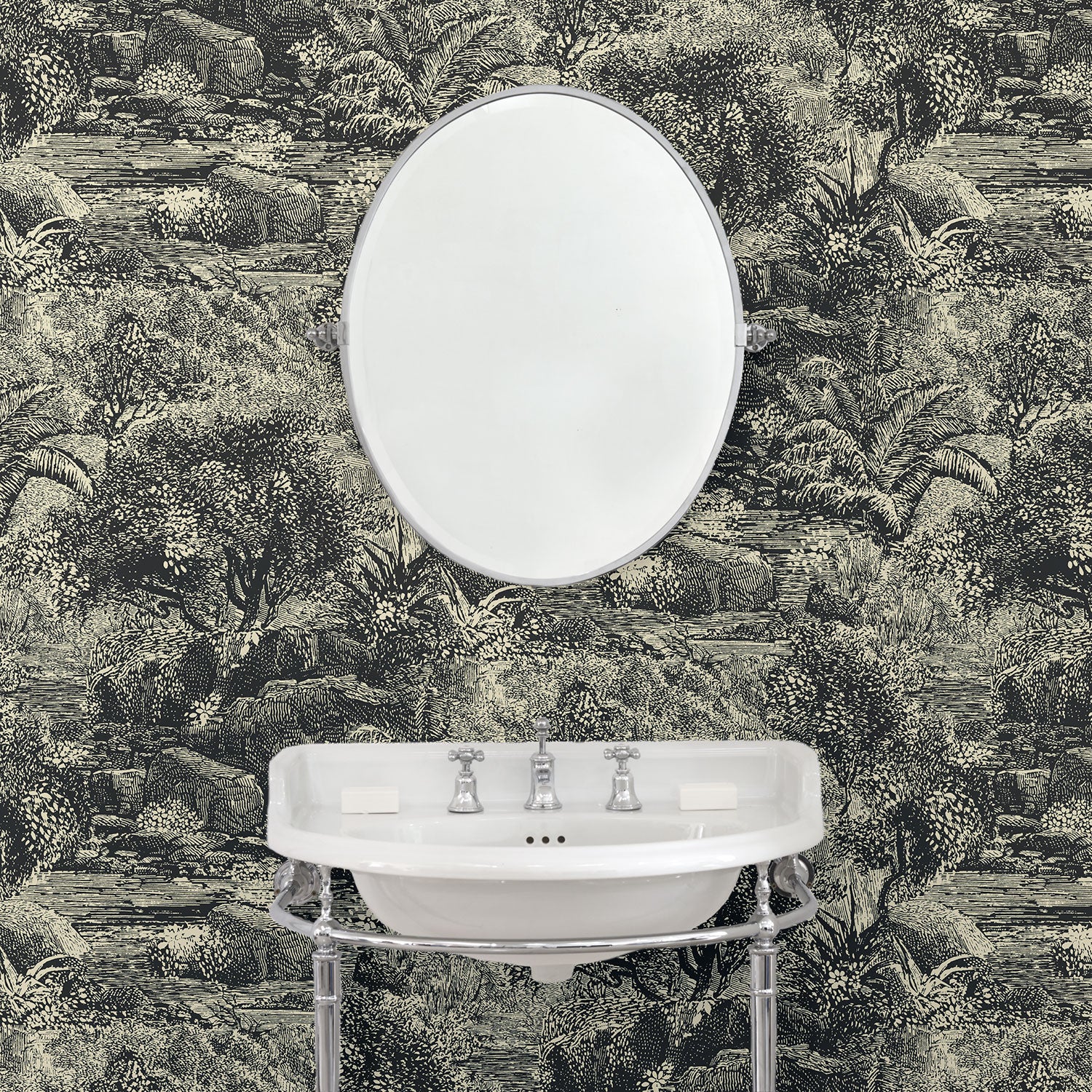 Cloakroom featuring a toile-style designer wallpaper in charcoal.