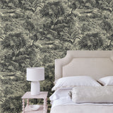 Bedroom featuring a toile-style designer wallpaper in charcoal.