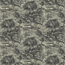 Sample of a toile-style designer wallpaper in charcoal.