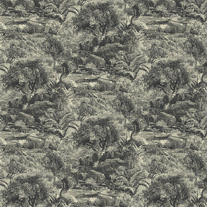 Sample of a toile-style designer wallpaper in charcoal.