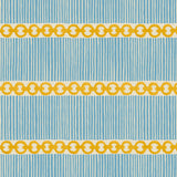 Sample of a chain-link wallpaper with different-sized blue and yellow stripes in complementary colours. 