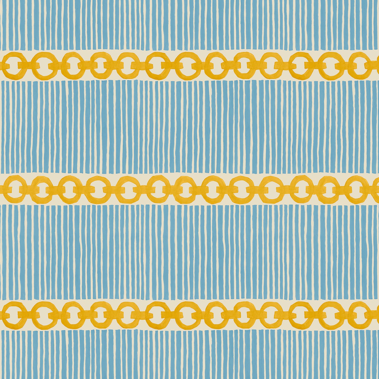 Sample of a chain-link wallpaper with different-sized blue and yellow stripes in complementary colours. 