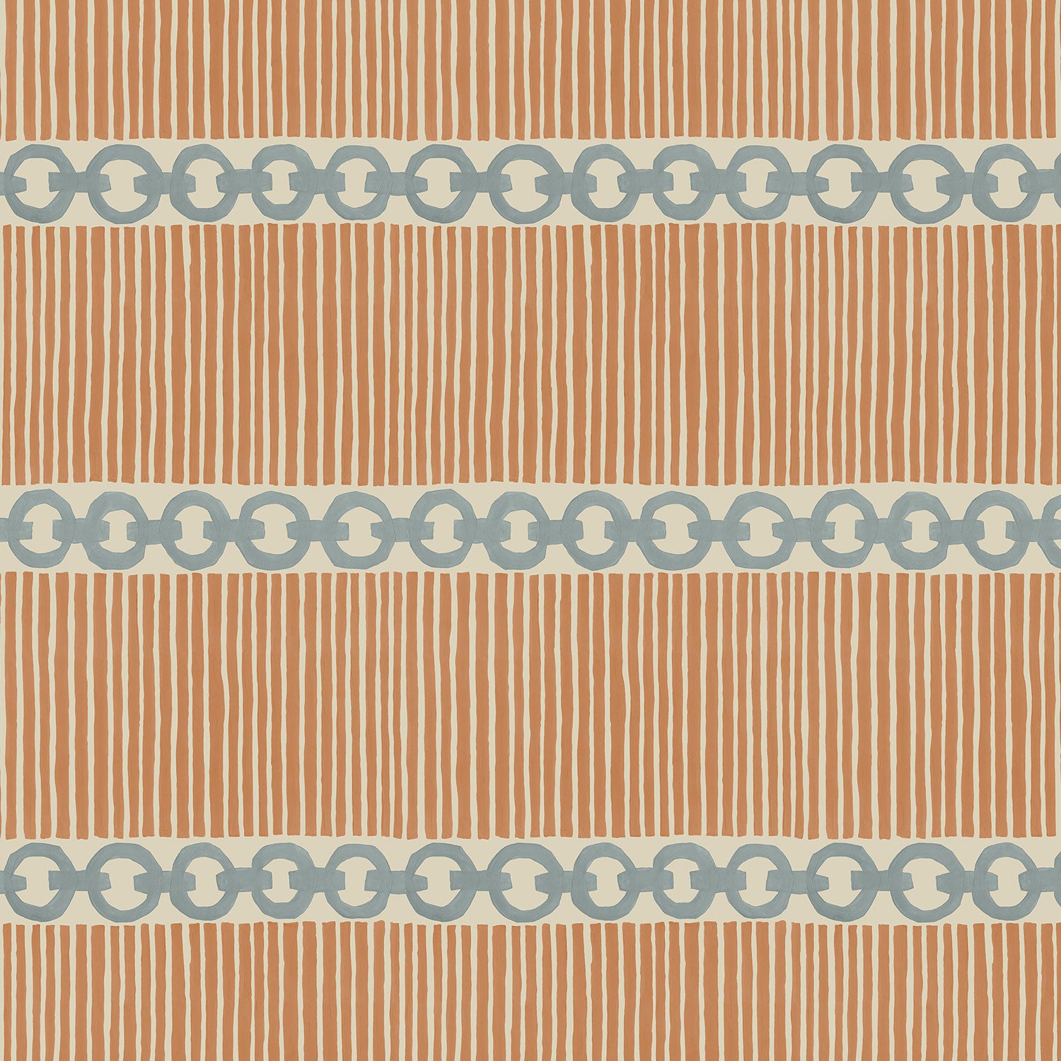 Sample of a chain-link wallpaper with different-sized blue and brown stripes.