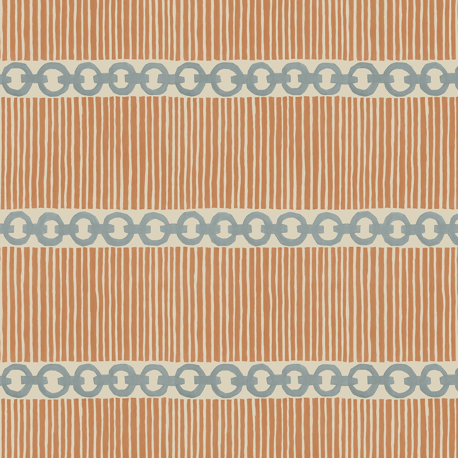 Sample of a chain-link wallpaper with different-sized blue and brown stripes.