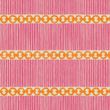 Sample of a chain-link wallpaper with different-sized orange and pink stripes.