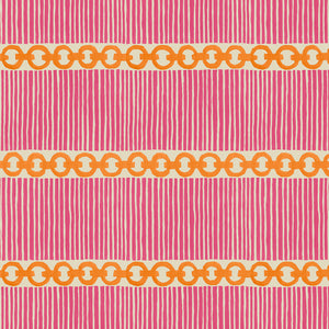 Sample of a chain-link wallpaper with different-sized orange and pink stripes.