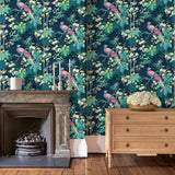 Living room featuring a navy floral wallpaper with exotic birds.