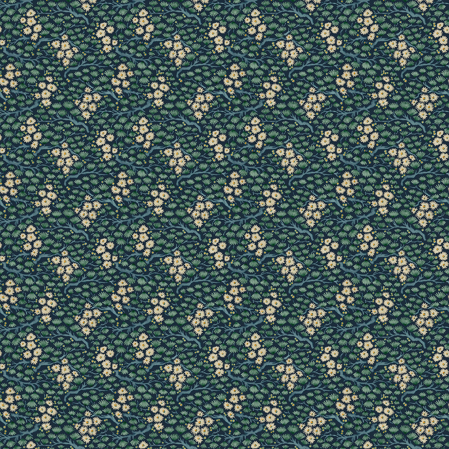 Capturing the beauty of the forest floor, this blue wallpaper features leaves and flowers.