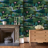 Living room with a designer abstract wallpaper featuring a night-time forest design.