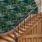 Hallway with a designer abstract wallpaper featuring a night-time forest design.