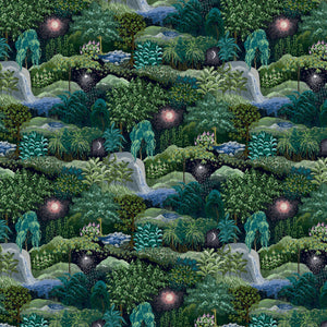 Sample of a luxury abstract wallpaper with a beautiful painted night-time forest design.