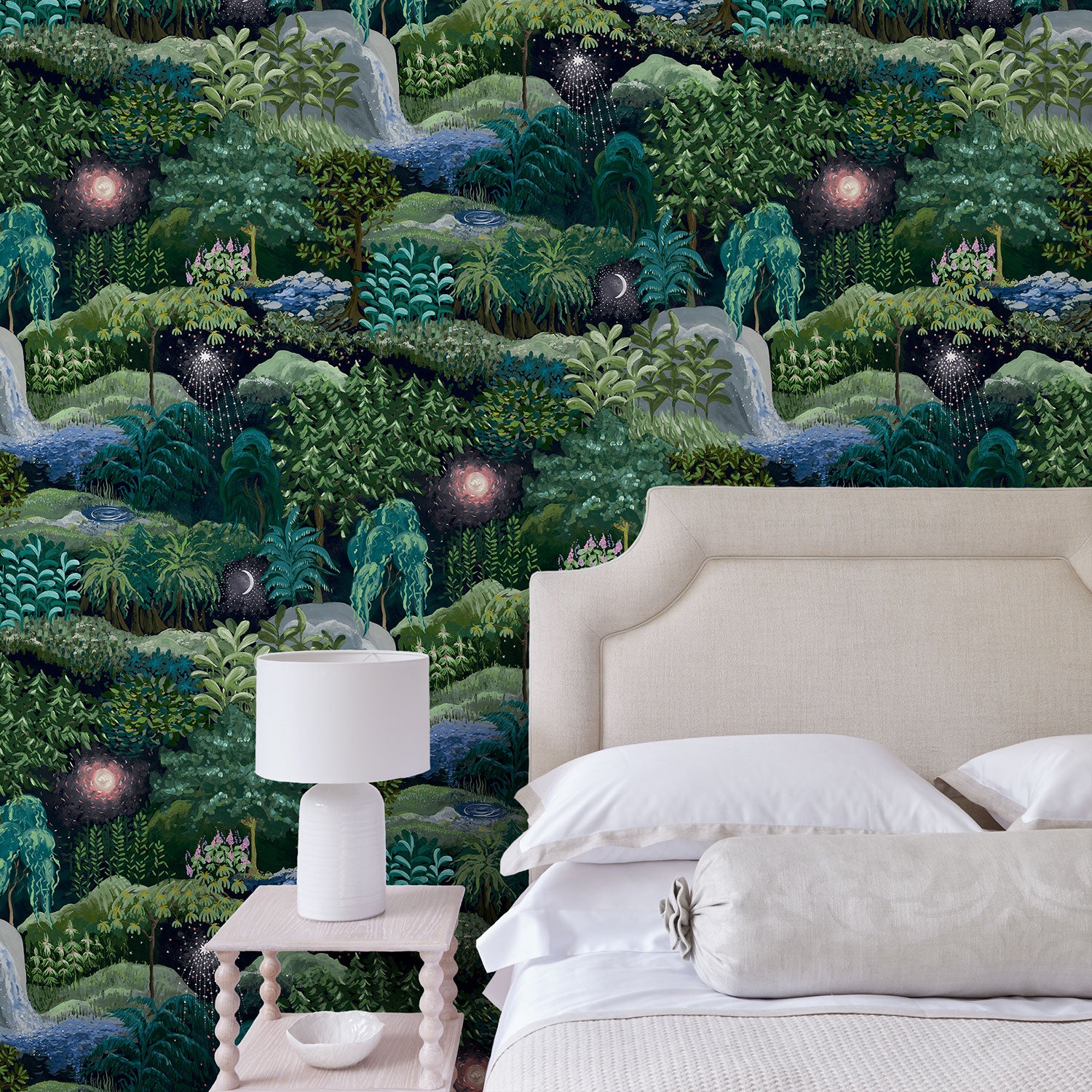 Bedroom with a designer abstract wallpaper featuring a night-time forest design.