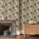 Sitting room showcasing a designer wallpaper featuring the British hunt in blue and biscuit brown.