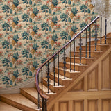 Hall showcasing a designer wallpaper featuring the British hunt in blue and biscuit brown.