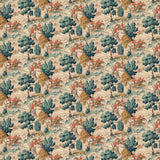 Sample of a designer wallpaper featuring the British hunt in blue and biscuit brown.